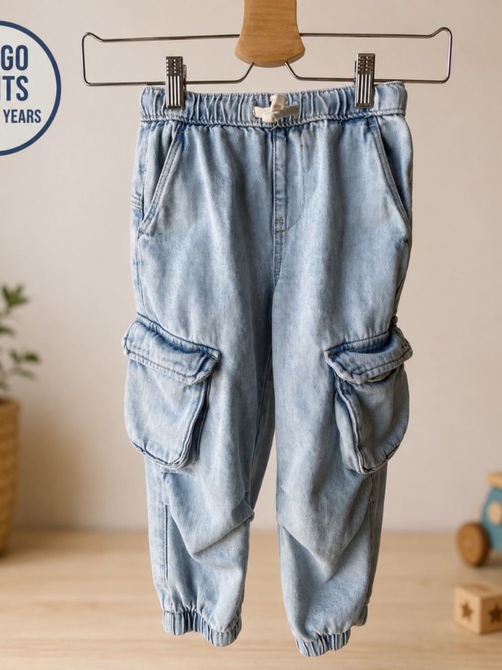 Kids Light Wash Denim Cargo Jogger Pants Size 3-4 Years
